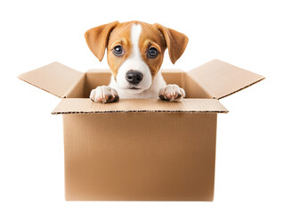 Adorable puppy peeking out of a brown cardboard box, isolated on transparent cutout background