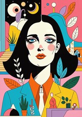 Portrait with surreal retro collage atmosphere, contrasting black and white face with bold abstract shapes and vibrant colors