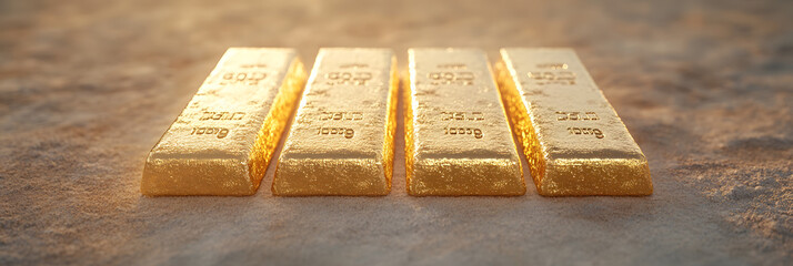 Four golden bars shimmering on a textured surface. The bars glow with a warm, inviting light,...