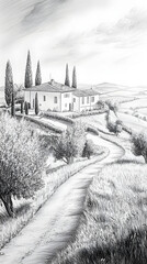 Black and white drawing of the landscape of Tuscany
