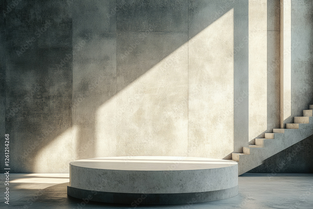 Poster minimalist concrete room with a circular platform and staircase, bathed in sunlight.