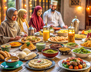 Obraz premium Eid holiday table. Ramadan family dinner. Breaking Fast, iftar. Arabic Middle Eastern traditional cuisine