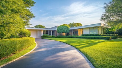 Obraz premium Serene mid-century modern home with manicured lawn and circular driveway