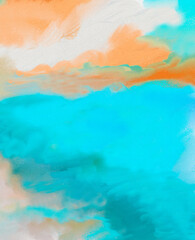 Vibrant Abstract Digital Painting Art of Sunset Sunrise Lakeside Shoreline Seascape - digital painting, art, illustration in Vibrant Orange & Teal w/ Texture