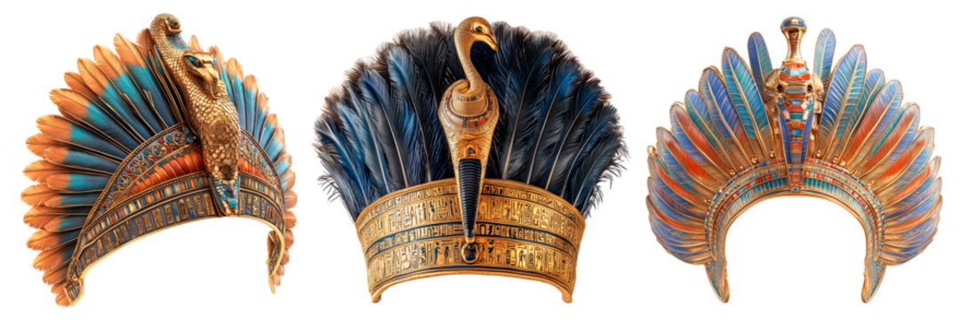 A set of Egyptian headdress with a gold band featuring hieroglyphic inscriptions, adorned with dark blue feathers and a cobra motif, isolated on a white background. Suitable for historical, cultural.