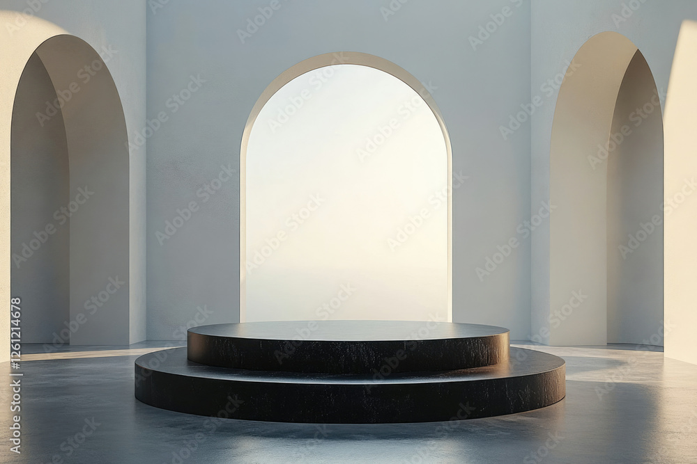 Poster minimalist black podium in a white room with arched windows, showcasing product display against a so