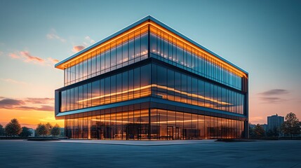 Modern glass office building sunset city plaza