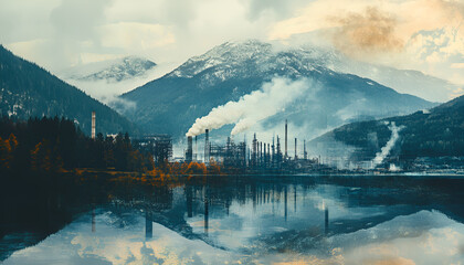 Environmental pollution. Mountain landscape and industrial factory with emissions, double exposure