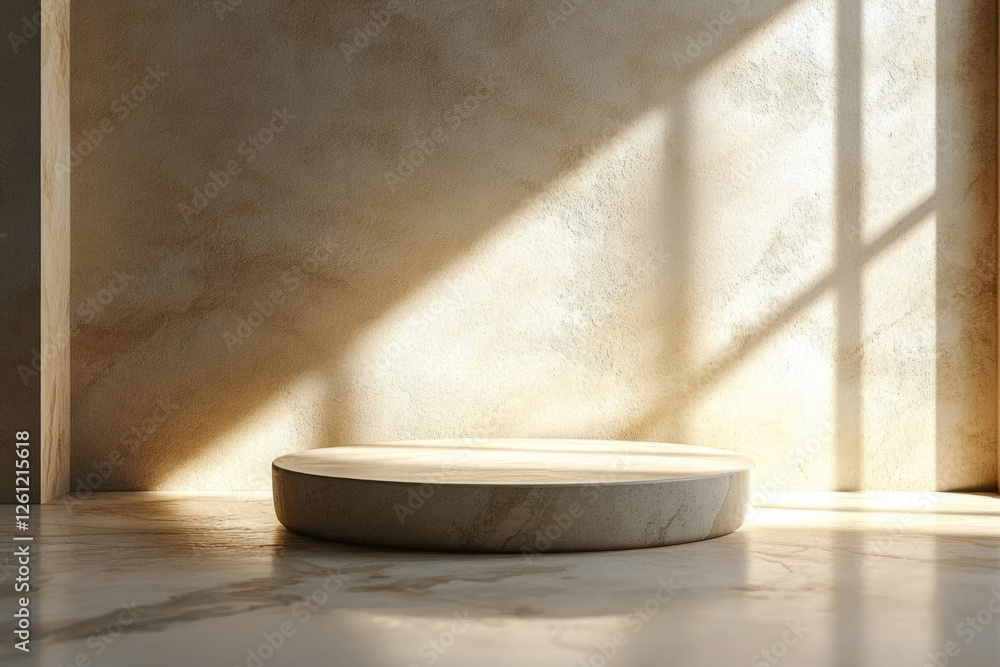 Poster a minimalist beige room with a round marble platform bathed in sunlight, creating a serene and elega
