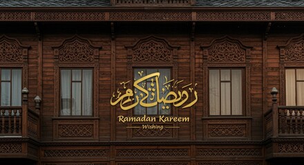 Obraz premium Ornate wooden facade with Ramadan Kareem greeting for a blessed month