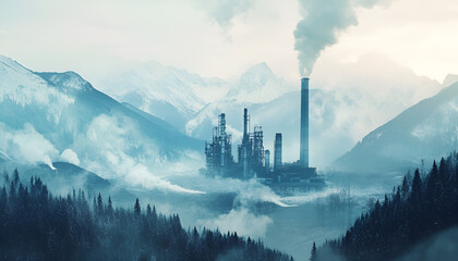 Fototapeta premium Environmental pollution. Mountain landscape and industrial factory with emissions, double exposure