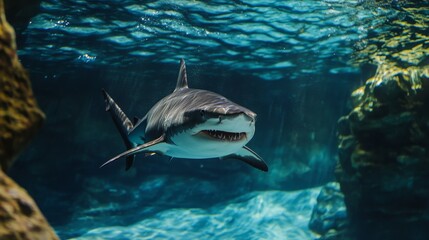 Fototapeta premium Ocean shark bottom view from below. Open toothy dangerous mouth with many teeth. Underwater blue sea waves clear water shark swims forward
