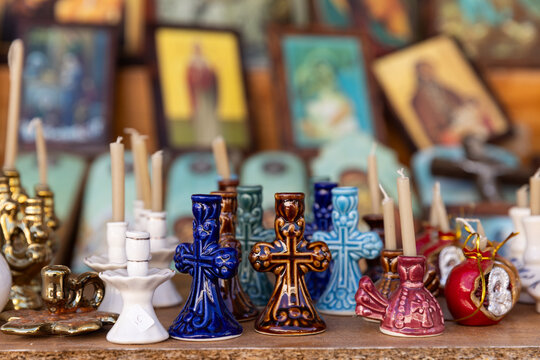 Religious Catholic souvenirs sold near a church on Tinos Island, Greece. 