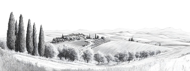 Black and white drawing of the landscape of Tuscany