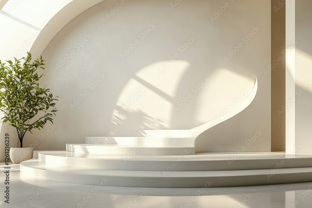Aufkleber minimalist white circular steps with a plant, bathed in sunlight, creating a serene and modern displ