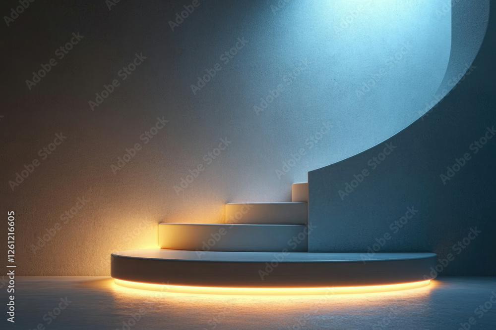 Poster minimalist circular staircase with soft lighting against a textured wall.