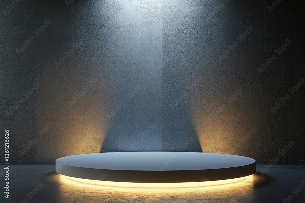 Aufkleber illuminated circular platform against a textured concrete wall, creating a minimalist, dramatic disp