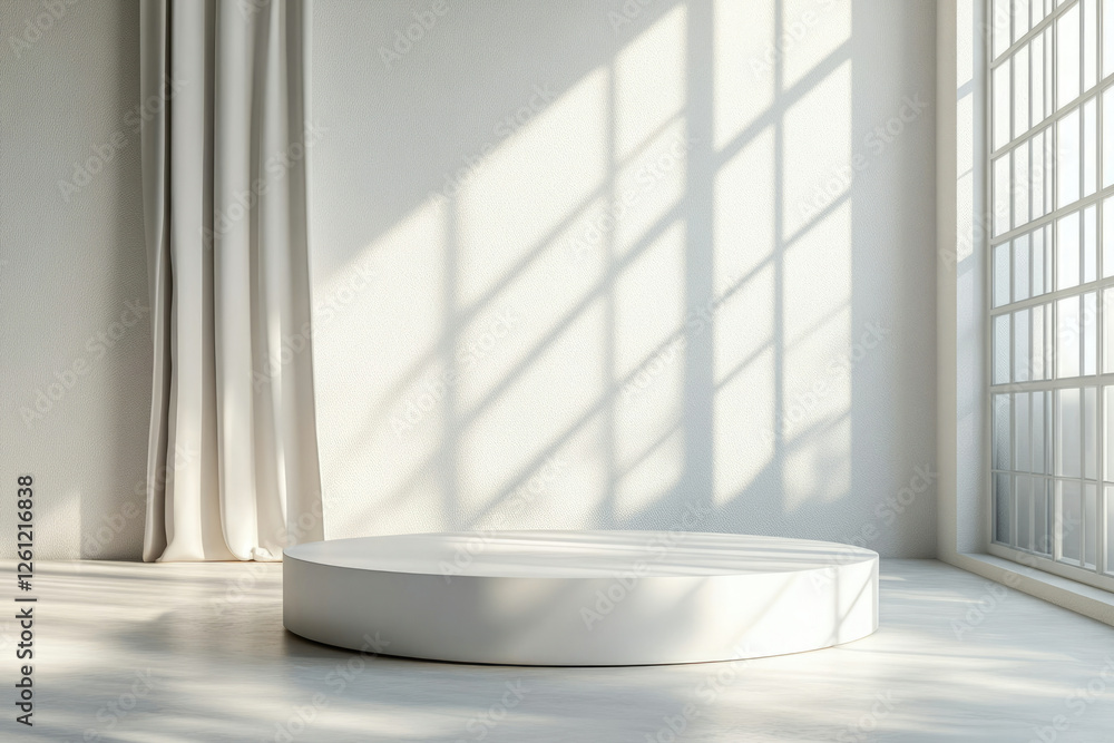Poster minimalist white room with a round platform, sunlight streaming through a large window, and a sheer 