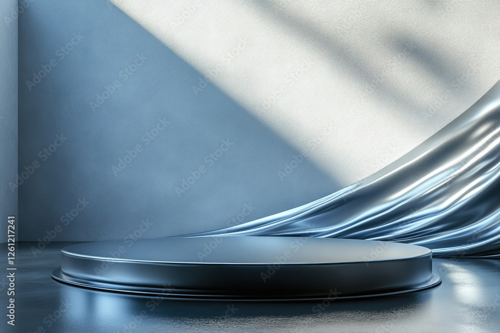 Poster elegant silver platform on a blue background with flowing silk fabric, creating a luxurious display.