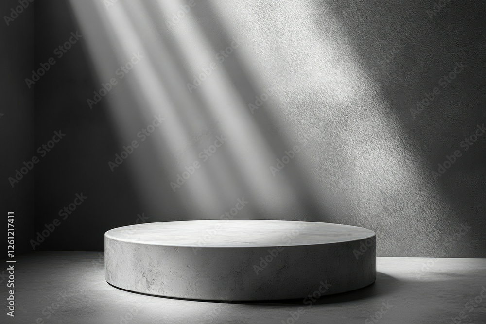 Poster a minimalist scene with a round marble podium, illuminated by dramatic light rays against a textured