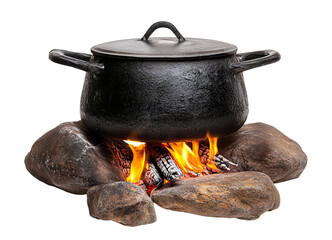 Black pot over a campfire with burning logs, isolated on transparent cutout background