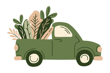 Retro farm pickup truck with fresh grocery products from farmer market or supermarket . Organic fresh vegetables in the car for eco-friendly design of food delivery, Vector illustration in flat style.