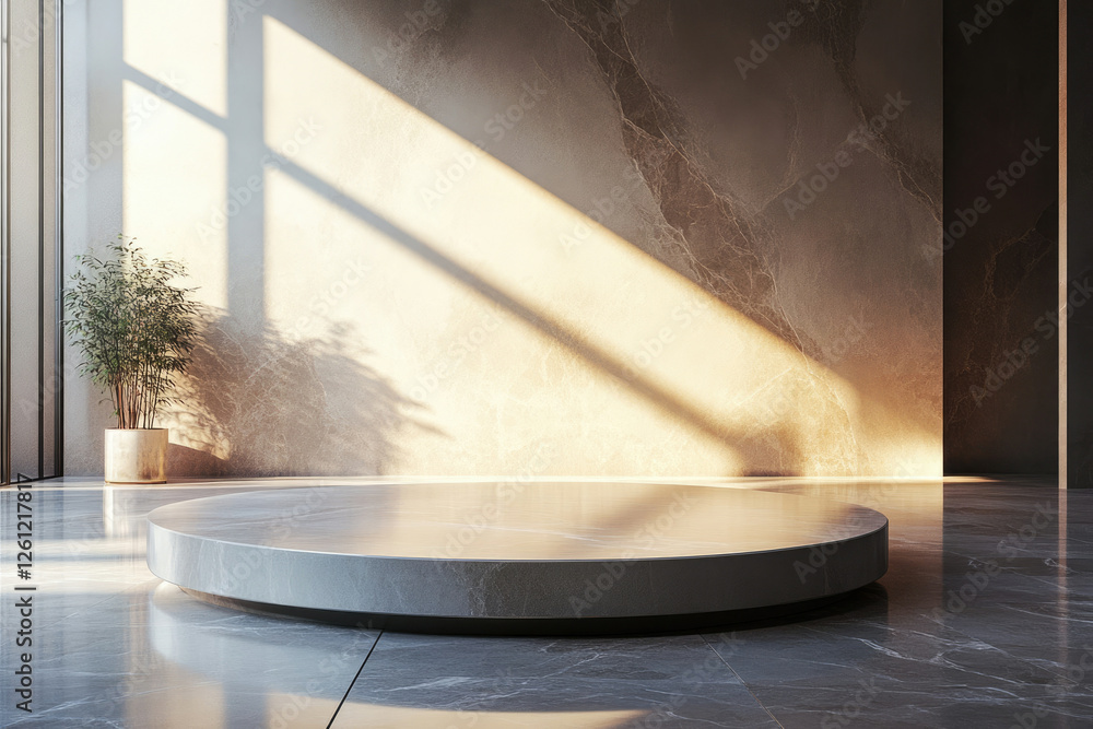 Poster sunlit minimalist interior with round marble platform, ideal for product display or presentation.