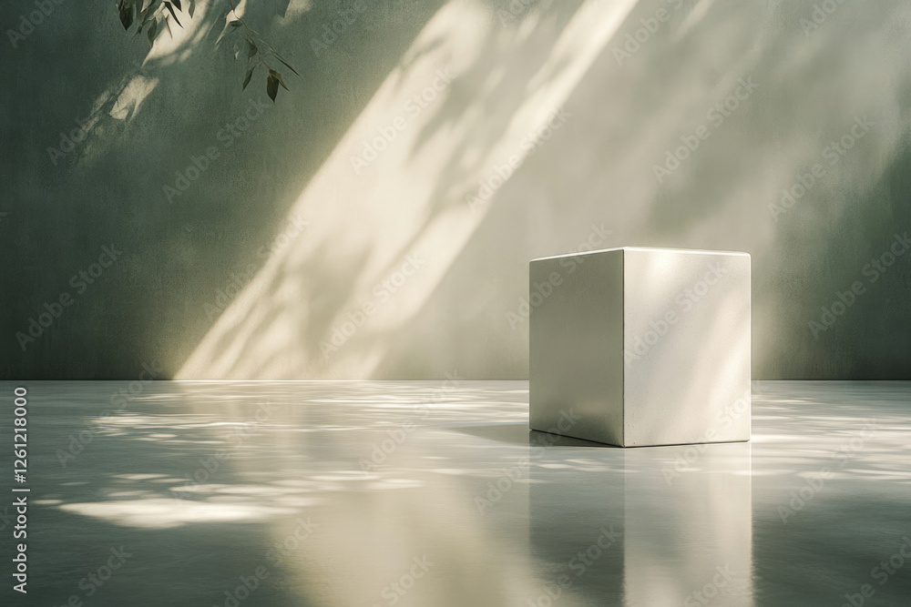 Poster a minimalist scene features a light-grey cube on a reflective floor, bathed in soft sunlight filteri