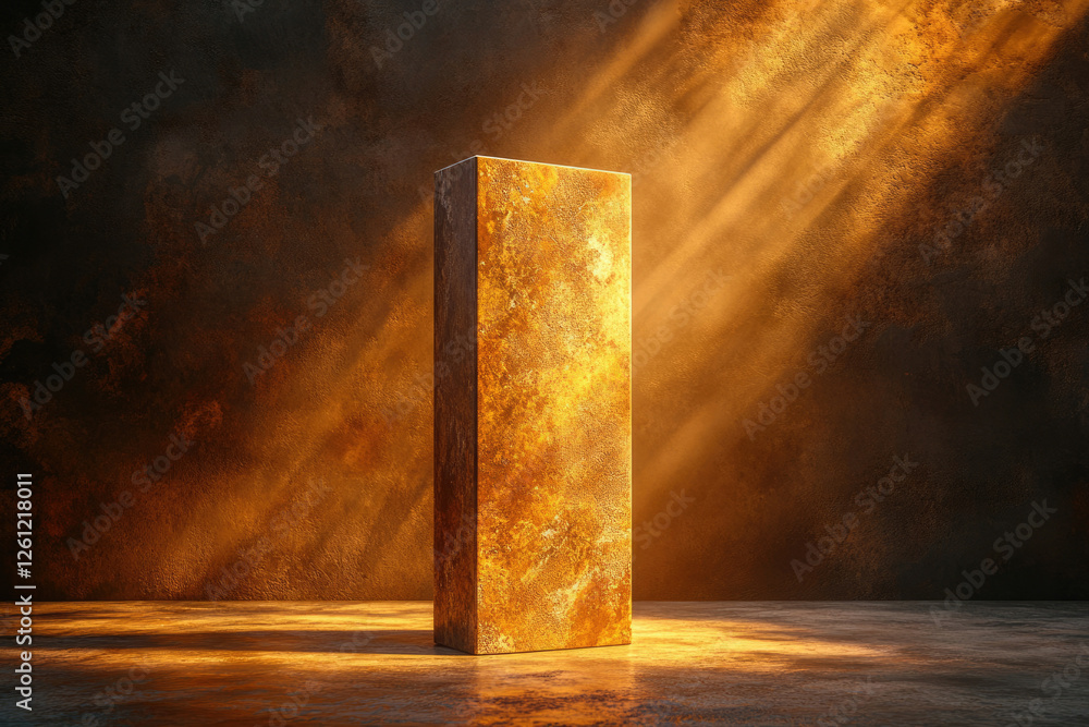 Poster rustic golden rectangular pillar standing in a dimly lit room, bathed in warm light.
