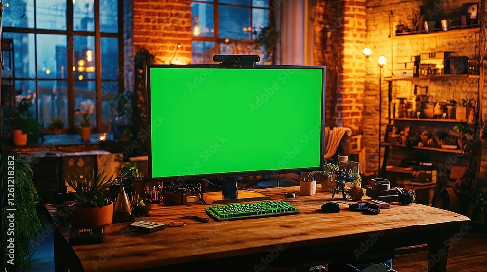 Poster green screen computer setup in a cozy workspace