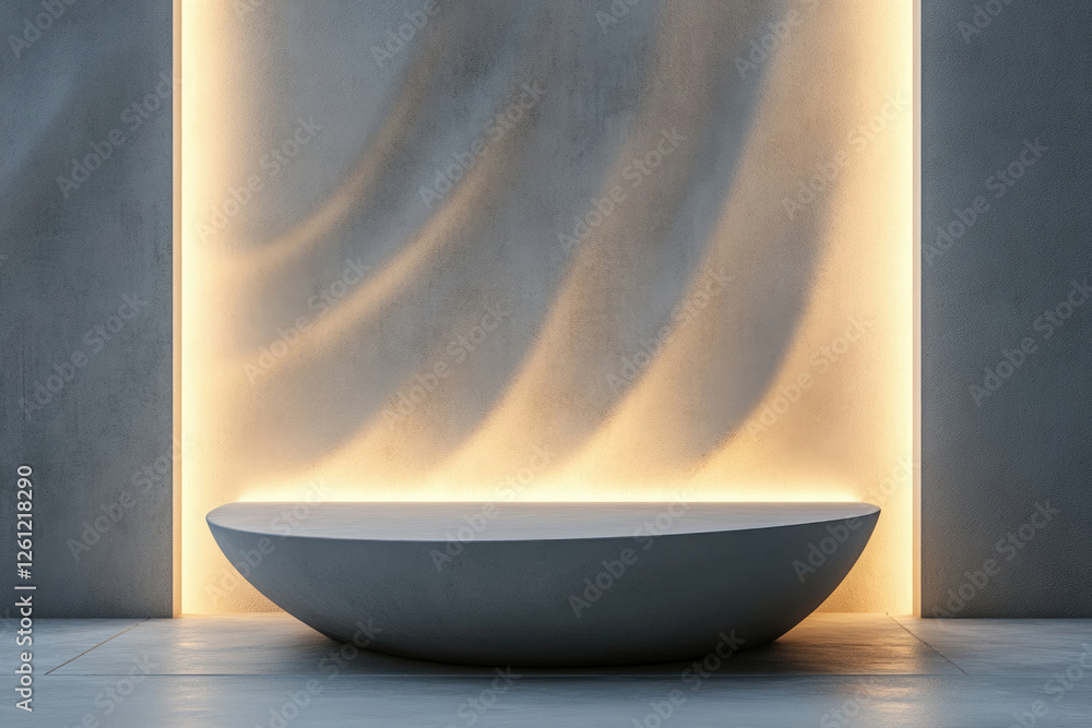 Poster minimalist concrete podium with warm light illuminates a textured wall, creating a serene and elegan