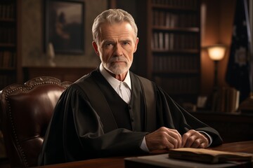An older gentleman in a judicial robe sits at a large wooden desk in a courtroom, demonstrating authority and focus while preparing for an upcoming case.