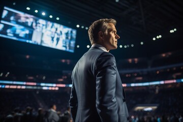 A business professional in a suit looks thoughtfully towards a bustling crowd at a major event held in an arena. Bright screens display information in the background.