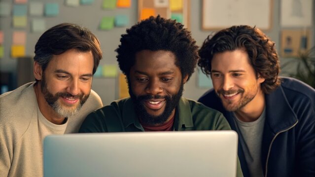 a diverse group of three men focused and collaborating on a laptop, showcasing modern teamwork and digital innovation
