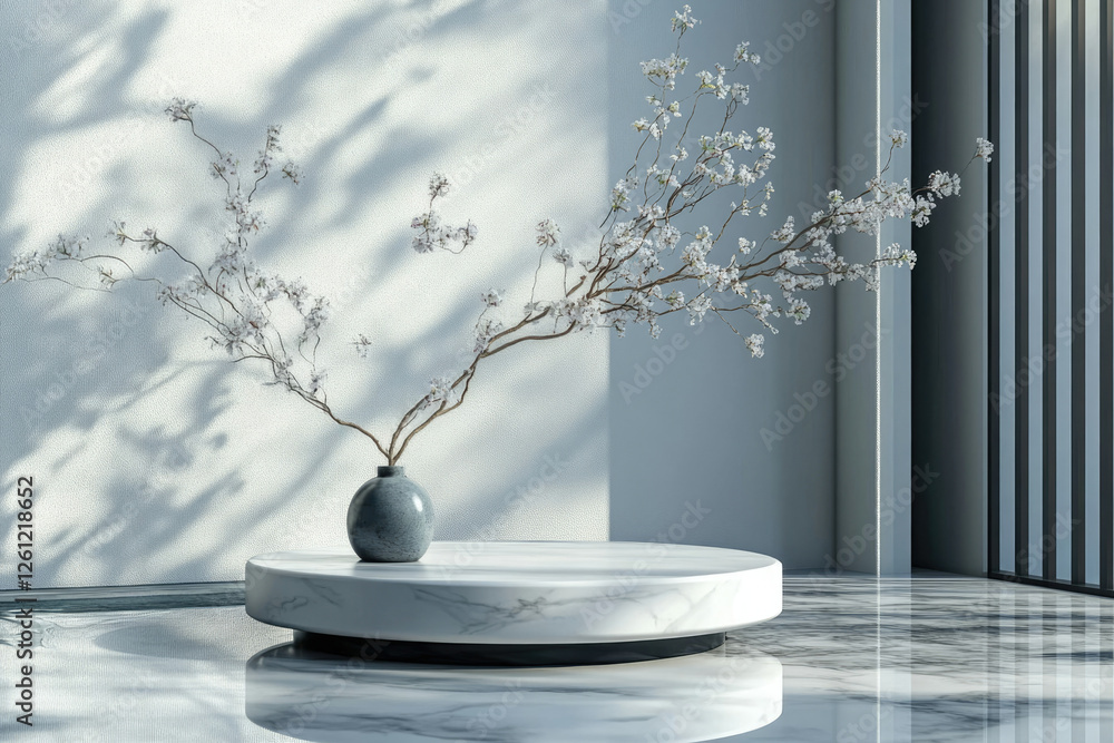 Aufkleber minimalist scene with a grey vase holding a delicate flowering branch on a marble display.
