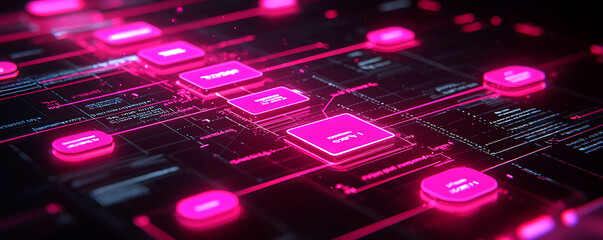 Abstract futuristic technology background.  Glowing pink nodes and lines on a dark surface evoke a sense of complex data processing or a neural network.