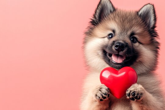 Cute keeshond dog with diamond red heart - emblem of love, funny greeting card. Keeshond - my preferred dog. Marketing visual idea. Love-themed animal photography. Puppy valentine photos.