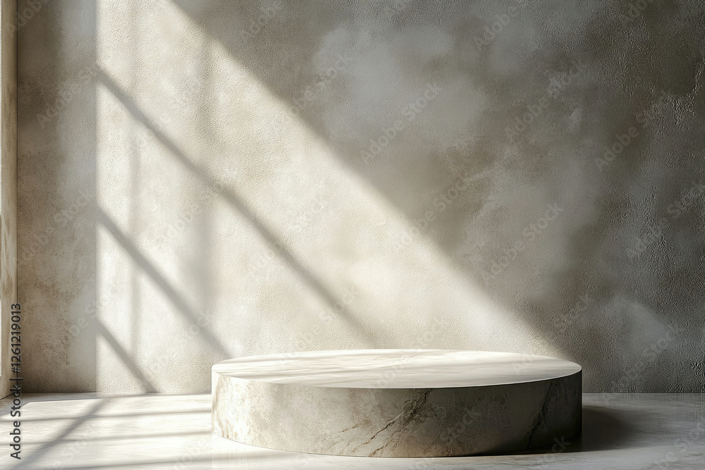 Poster sunlit minimalist scene with a round marble podium against a textured wall, perfect for product disp