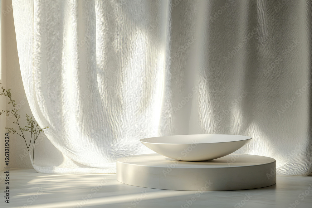 Aufkleber minimalist white display with a bowl on a pedestal against a sheer curtain backdrop bathed in sunlig