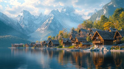 Fototapeta premium Alpine lake village reflected in calm water, mountain backdrop