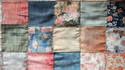 Patchwork quilt texture, floral fabric squares, close-up detail, craft background
