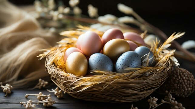 Basket of Colorful Eggs Surrounded by Rustic Natural Elements