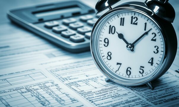 Deadline approaches, clock and calculator on tax forms.