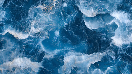 Obraz premium Turquoise ocean sea water white wave splashing deep blue sea. Bird eye view monster wave splash on rock. Tropical sea beach in summer seaside outdoor. Ocean island beautiful dramatic landscape.