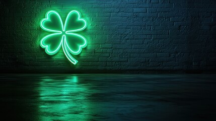 Neon green shamrock sign glowing bright against dark wall background, creating modern and vibrant atmosphere