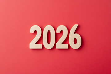 The Year 2026: Wooden Numbers on Red Background. A simple and clean image representing a future year. Planning ahead and looking forward. 