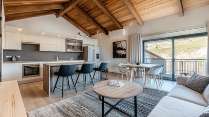Fototapeta premium Modern Mountain Apartment Interior Design with Wooden Beams