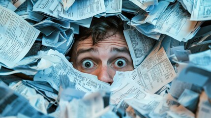 Overwhelmed man surrounded by tax documents, stress evident on face
