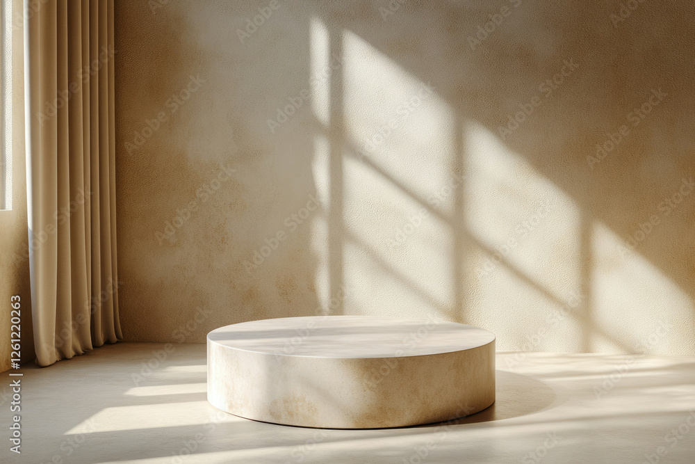 Poster a minimalist beige room with sunlight streaming through a window, illuminating a round stone podium.