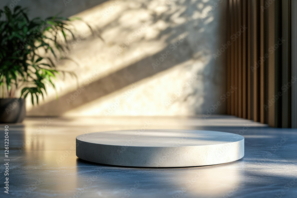 Poster minimalist stone podium bathed in sunlight, showcasing a serene and stylish product display in a mod